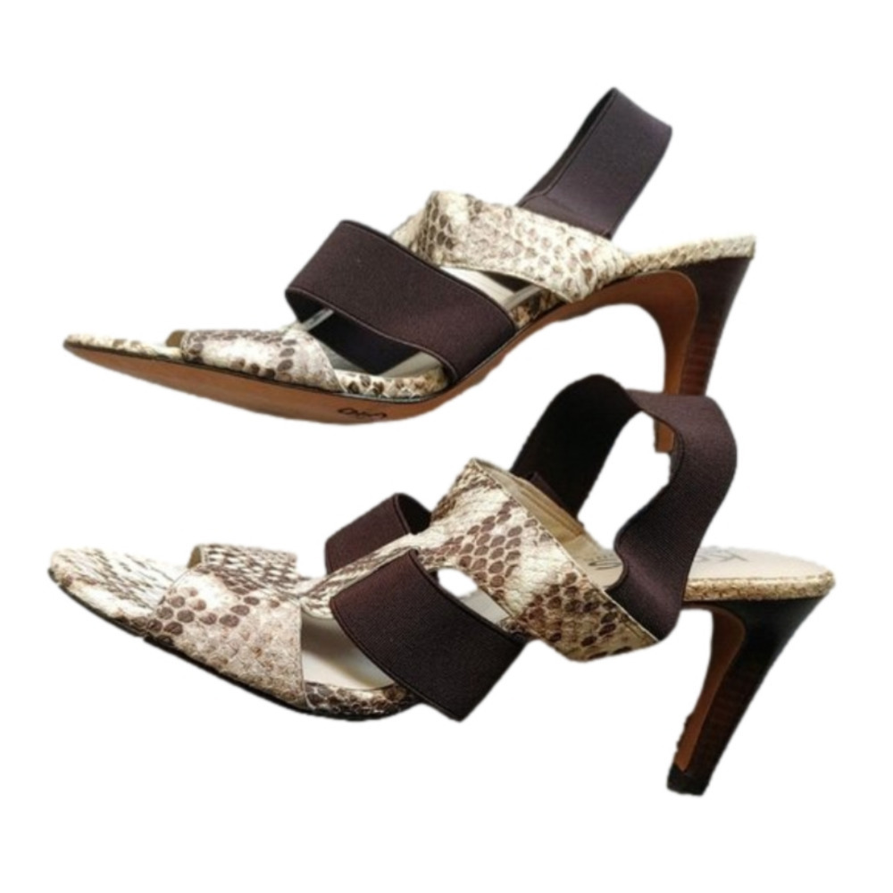 Michael Kors Brown and Tan Leather Snakeskin Print Open Toe Strappy Heels Size 9 - Picture 2 of 10